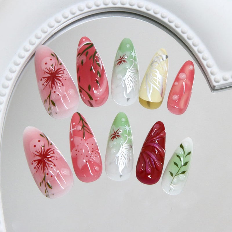 CJDLTS Colorful Flower Press on Nails Medium Almond Artificial Acrylic Nail 3D Blush Floral with Bubble Design Stick on Nails Full Cover Reusable Coffin Glue on Nail Artificial Fingernails for Women - Image 2